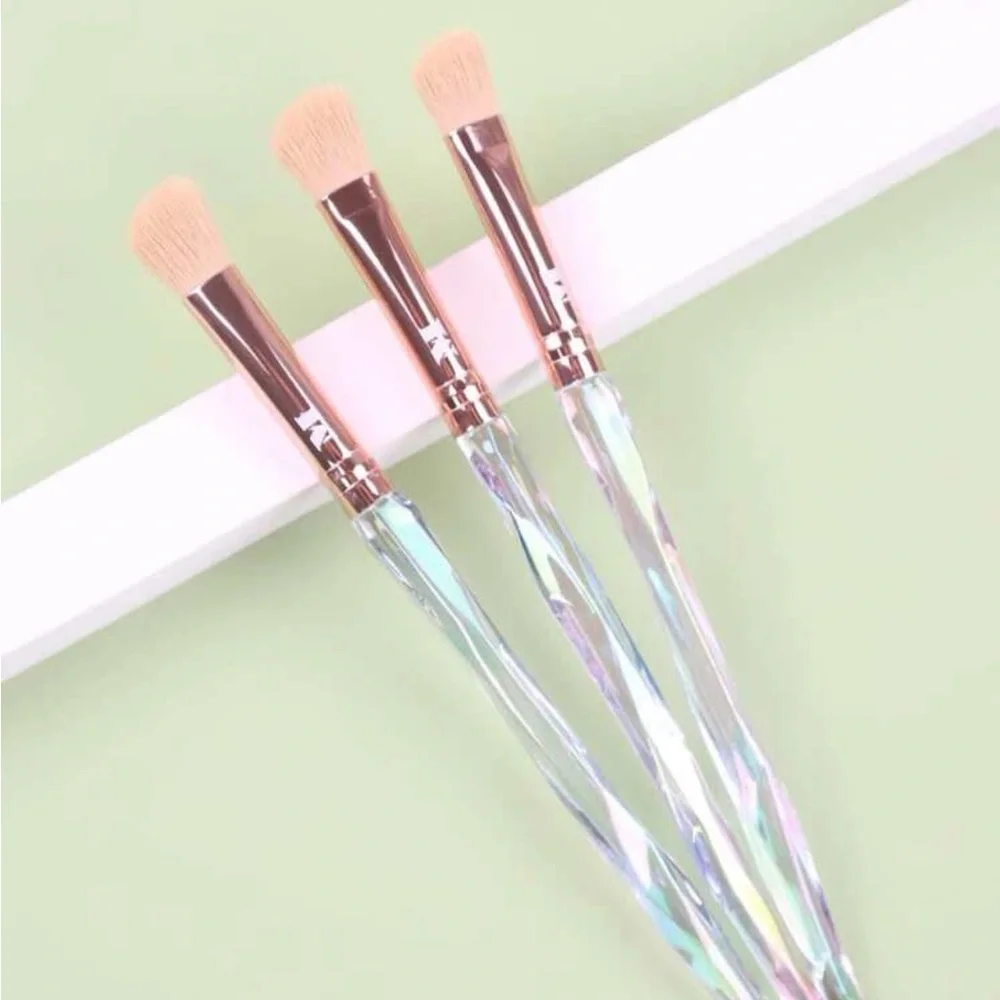 3 Makeup Brushes with Clear Diamond Rainbow Reflective Handles